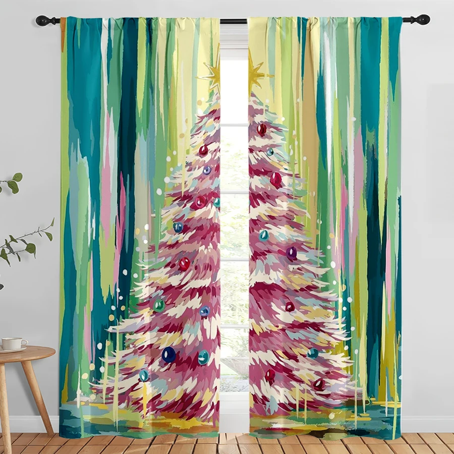 2PCS Digital Print Christmas Curtains, Oil Painting Pink Tree Color Balls, Artistic Pop Window Drapes for Holiday Home Decor