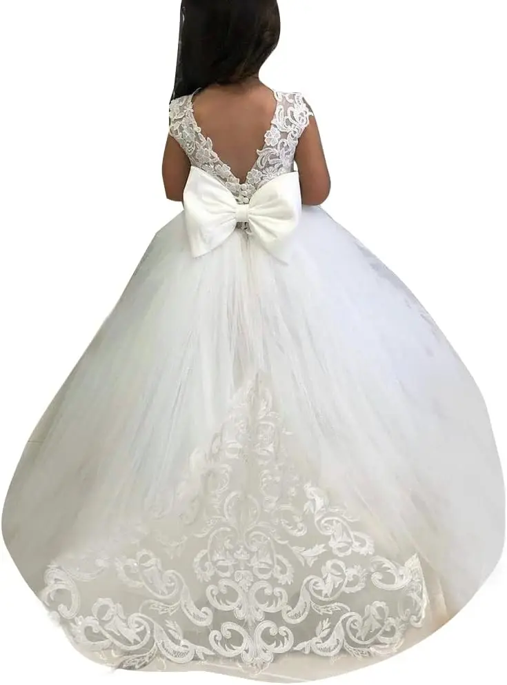 Lace Embroidery Transparent Sleeves Flower Girl Dress with Big Bow At The Back,Birthday Party Dance Dress,Communion Formal Dress