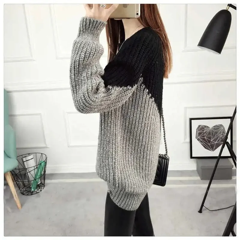 Verdickter Pullover aus grobem Garn für Damen, Herbst und Winter, neue Kollektion, farbblockiert, lose Basis, äußerer Rundhals-Strickpullover