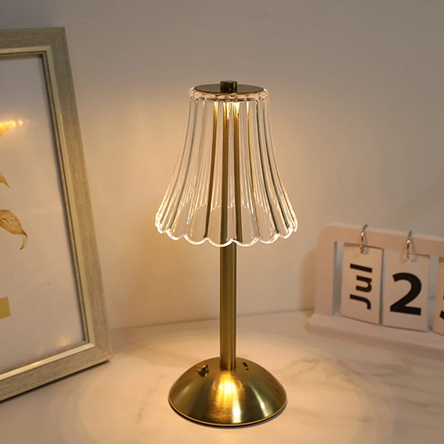 1PC Gold Base Touch Table Lamp with Pleated/Crystal Shade Adjustable 3 Color Temperature Bedside Lamp for Bedroom Desktop Decor