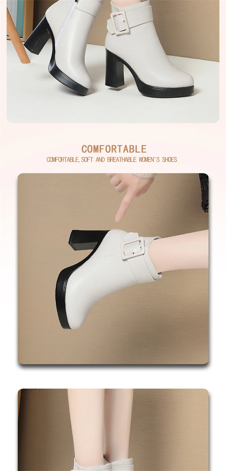 Winter Black Thick High Heel Ankle Boots Women 2024 Keep Warm Fashion Elegant Short Buckle Decoration Leather Boots