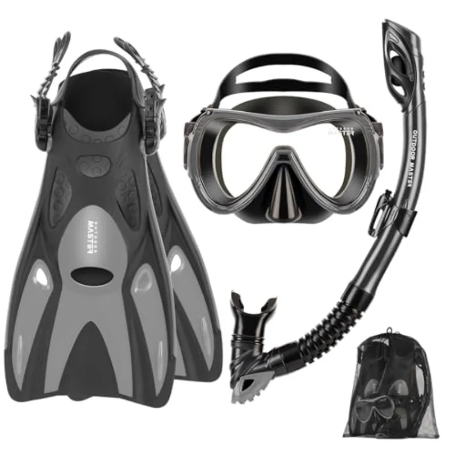 

Snorkeling gear for adults: panoramic view anti-fog mask, dry top snorkel, and fins; silicone material, navy blue; lightweight,