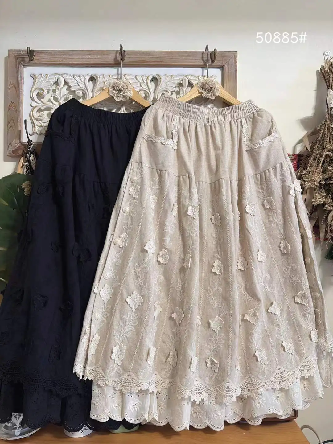 2026 Mori girl long skirts Japan style spring elastic waist  cotton linen black beige 3d flower lace embroidery long skirts