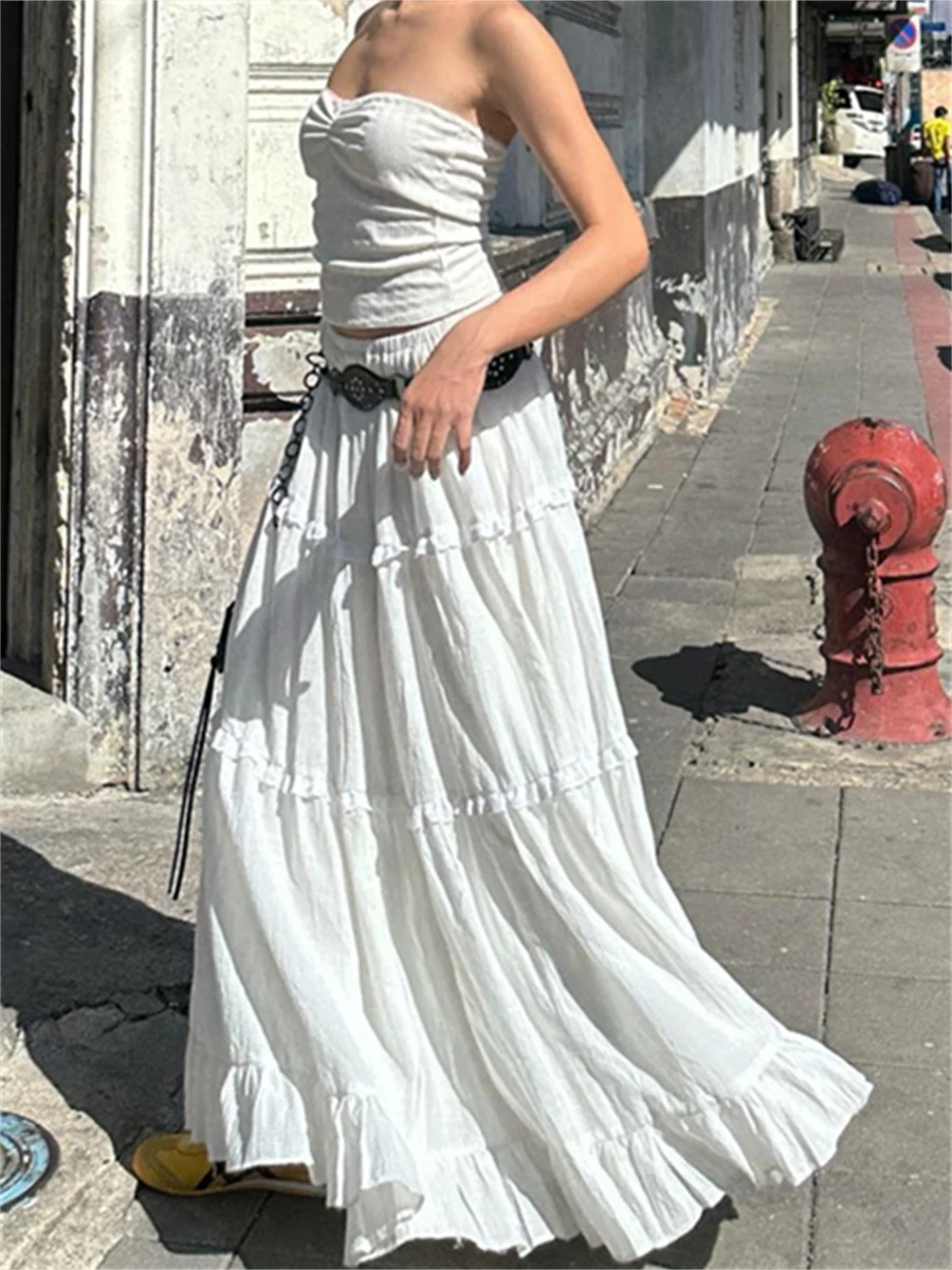 

wsevypo Fairycore Elegant White Flowy Hem Long Skirts Women Elastic Waist Ruffle Lace Trim Flare A-Line Skirts Retro Streetwear