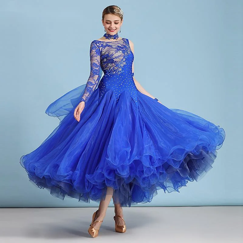 

lace flower ballroom competition dress for women waltz standard dance contest dress custom ladies practice wear Rhinestone long