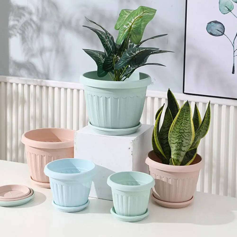 Flower Pots Thickened Large Capacity Planter Pot	Macaron Color Plastic Plant Container Decorative Planter Pot with Tray