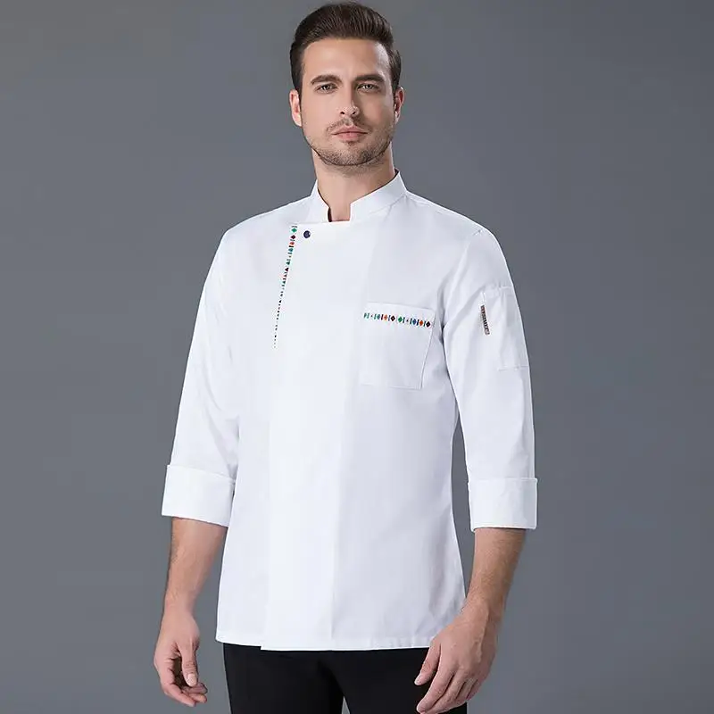メンズシェフシャツ制服半袖ワークジャケットコートホテルレストランキッチンスタンドカラーコックフードサービス服プリントロゴ