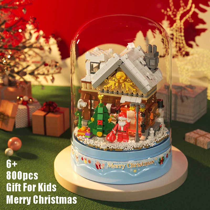 800Pcs คริสต์มาสกล่องดนตรีบล็อกตัวต่อ DIY ประกอบ Snow House อิฐ Santa Claus ของขวัญเด็ก Xmas วันเกิด