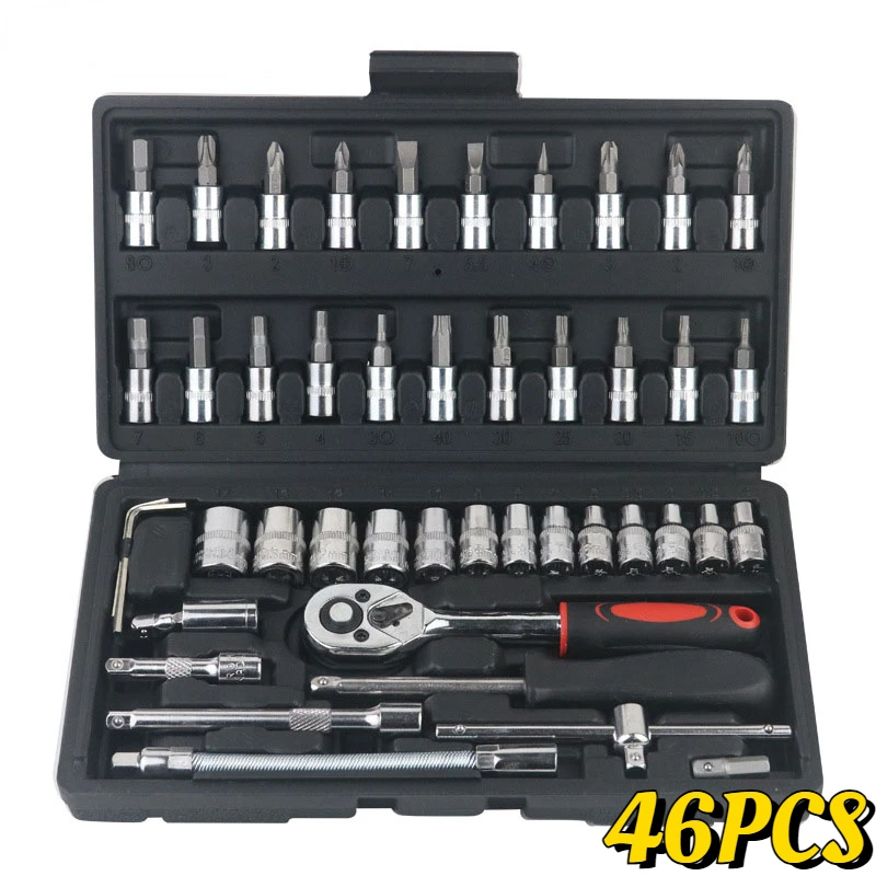

Wrench Set 46 Pcs Tool Kit for Car Tool Screwdriver and Bit Ratchet Torque Quick Wrench Spanner Wrench Socket Key Hand Tools