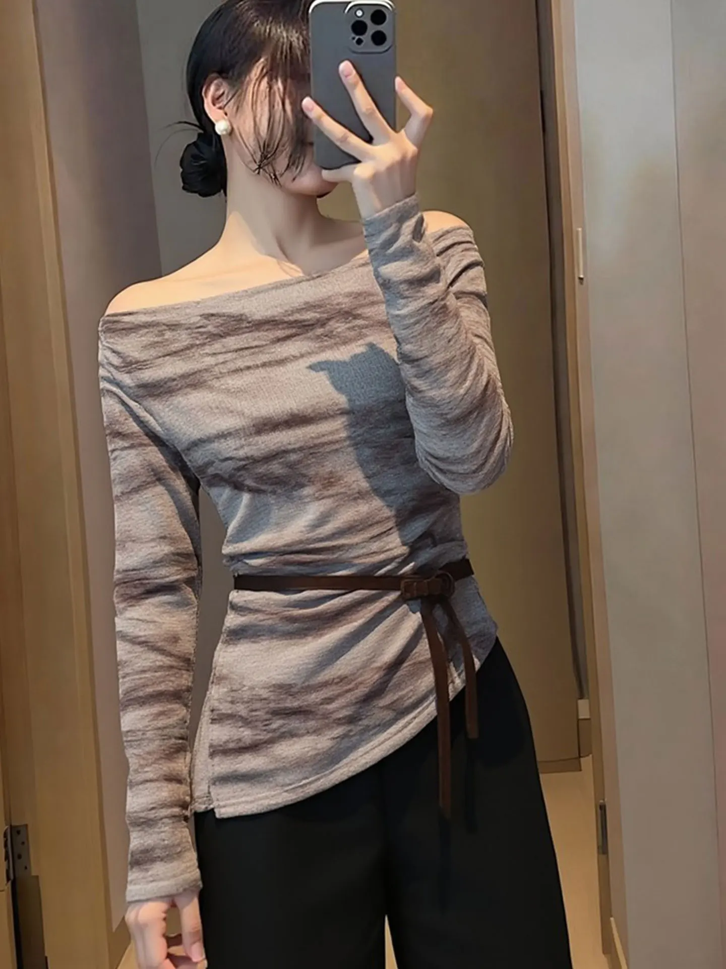 

Faionable Long Sve Color Blo Neline Top Women's Basic Color Spring Summer Casual Silk Blend T-irt