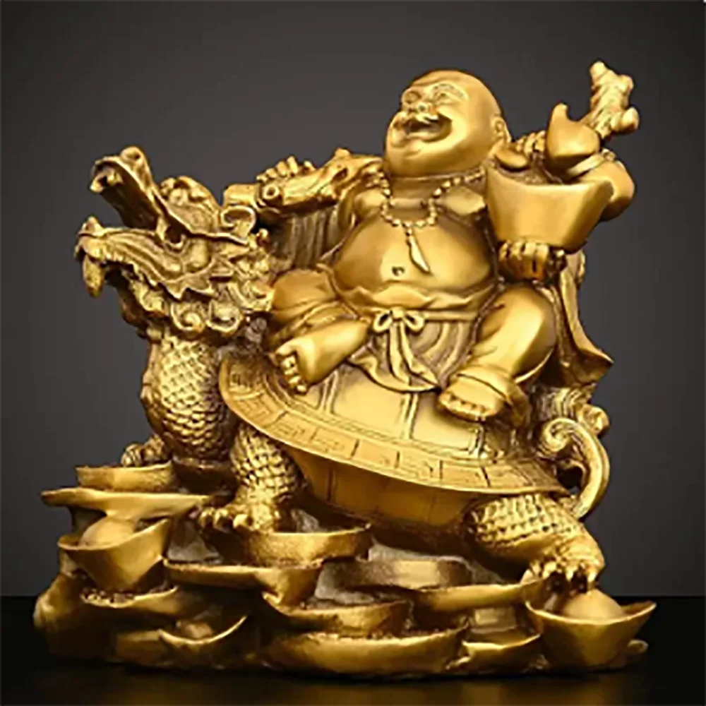 

Chinese Pure Copper Maitreya Buddha Ornament Sitting Dragon Turtle Laughing Home Store Office Car Desktop Decor