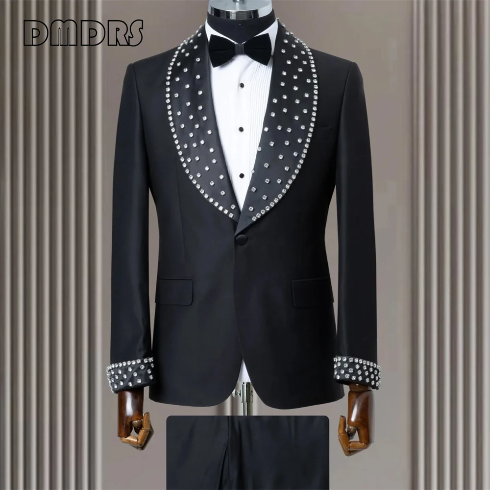 

Premium Handmade Men's Suit - Luxury Tailored 2-Piece Wedding Tuxedo Crystals, Business Formal Blazer & Pants, Custom Fit