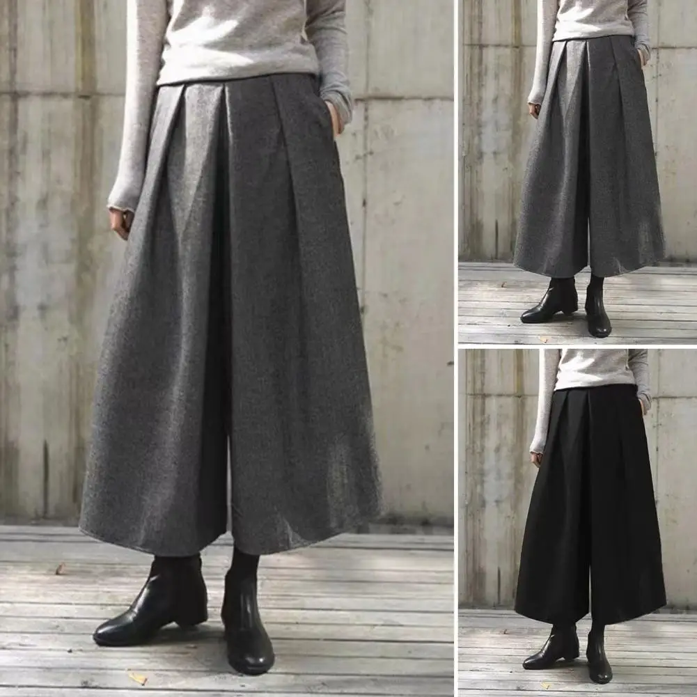 Woolen Loose Wide Leg Pants Skirts A-line Profile Pleated Trousers Winter Autumn Small Cropped Pant Fashion Office Lady Culottes