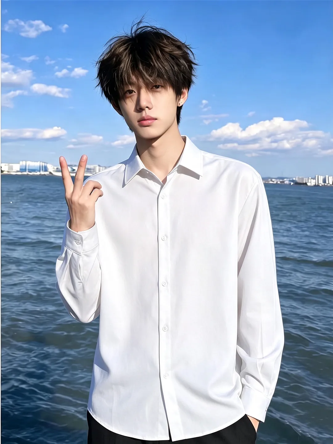 Youthful Black Long Sleeve Ice Silk Men's Shirt Drapey Cool Feeling Standard Fit Casual Style Autumn Wear for Young Men