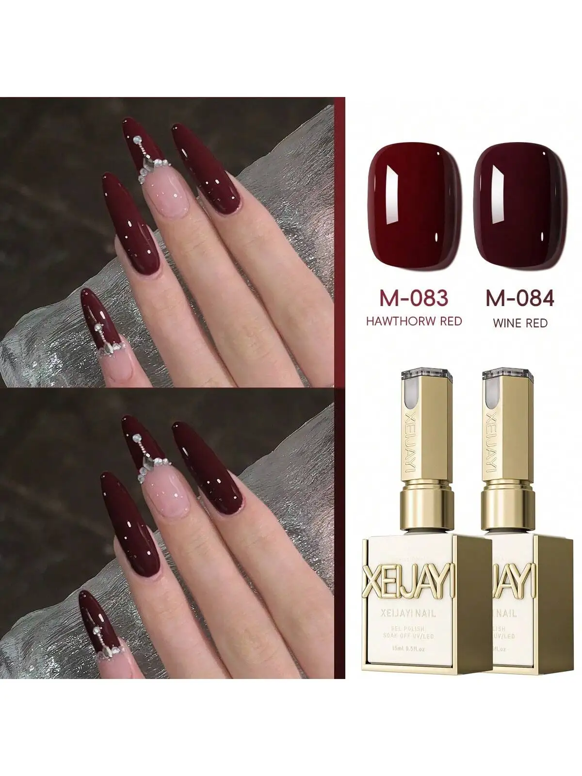 

XEIJAYI 2pcs 15ml Wine Red Hawthorn Red And Wine Red Gel Nail Polish UV/LED Soak Off, For Salon & Home Manicures For New Year