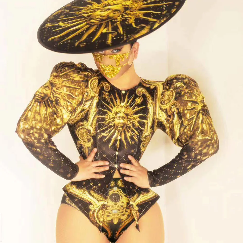 

Long Sleeve Button Drag Queen Costumes Singers Club Stage Wear Women Sun Pattern Printing Bodysuits Decoration Suit