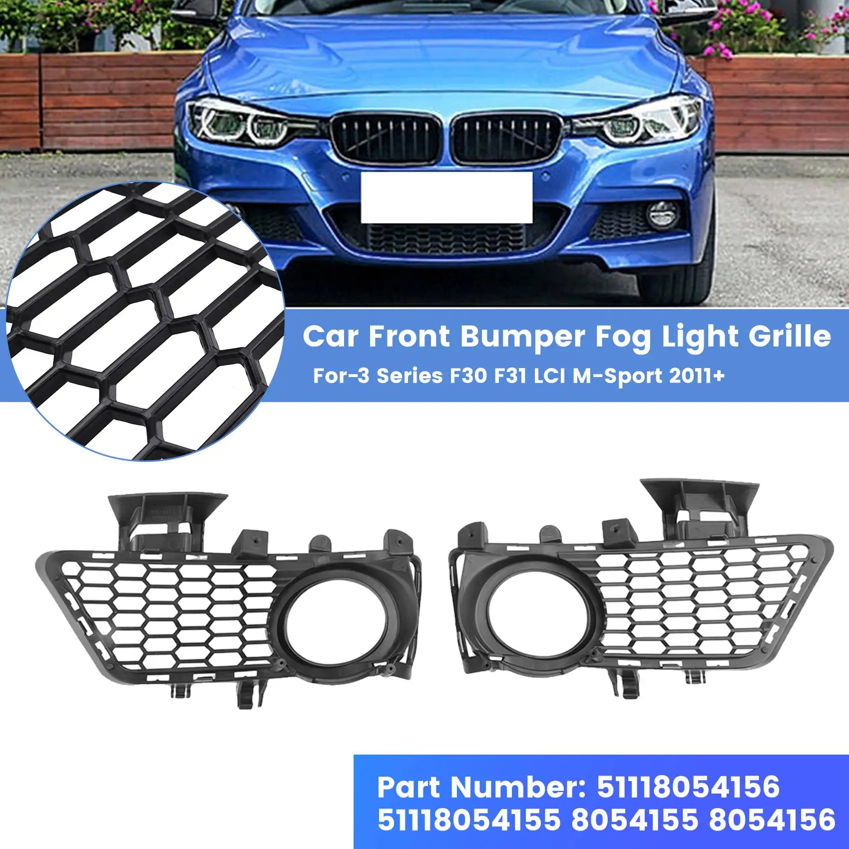 Car Front Bumper Fog Light Grille For-BMW 3 Series F30 F31 LCI M-Sport 2011+