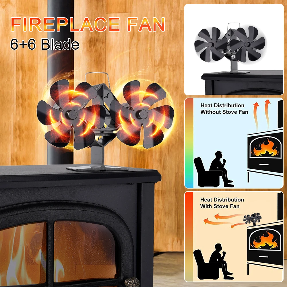 Ventilador de lareira preto de cabeça dupla Ventilador de fogão movido a calor de 12 lâminas sem necessidade de bateria ou eletricidade Queimador de madeira Eco Ventilador silencioso