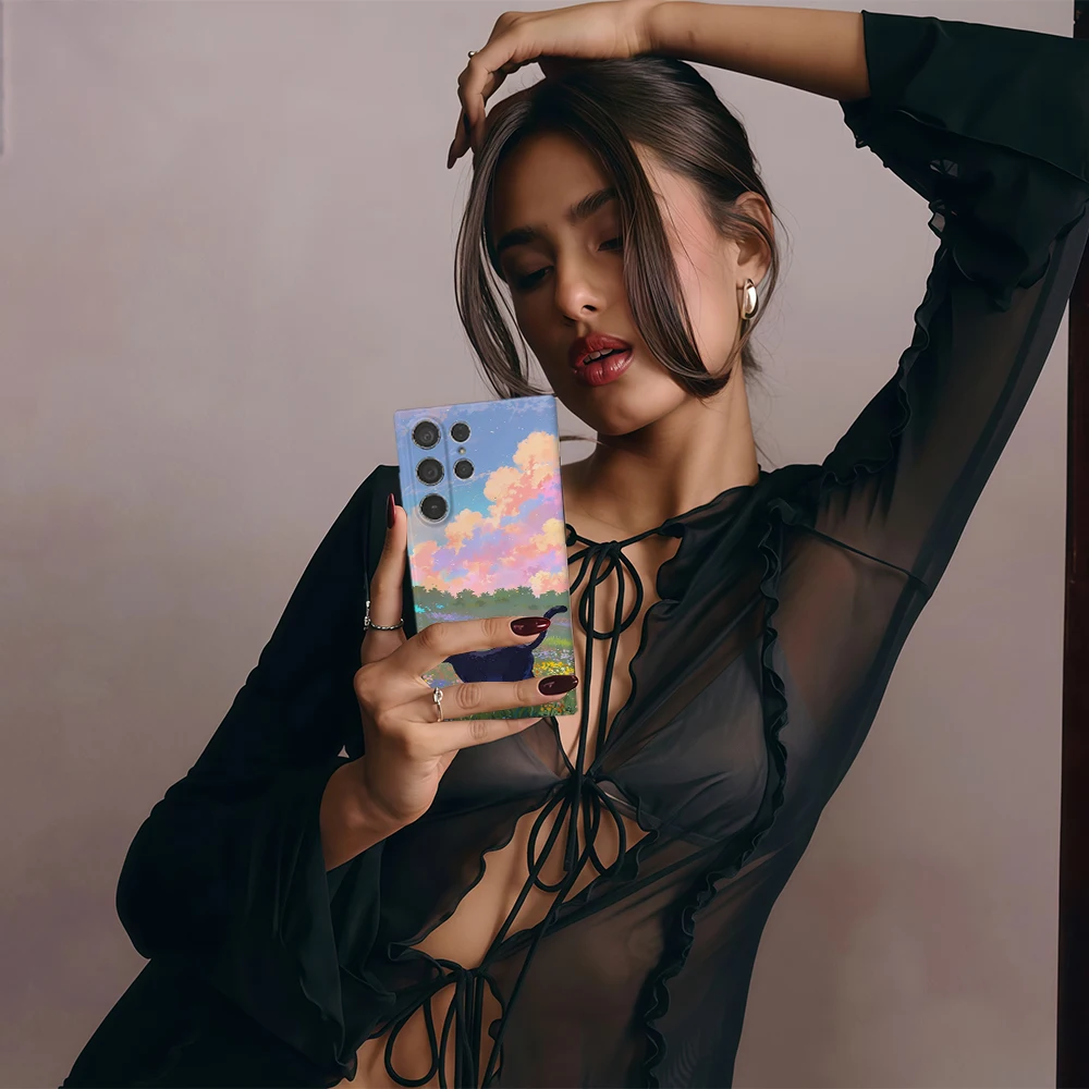 القط الأزهار الغروب قضية الهاتف لسامسونج غالاكسي S25 S24 S23 الترا زائد A35 A89 لامعة HD الغلاف الصلب فيلم قذيفة