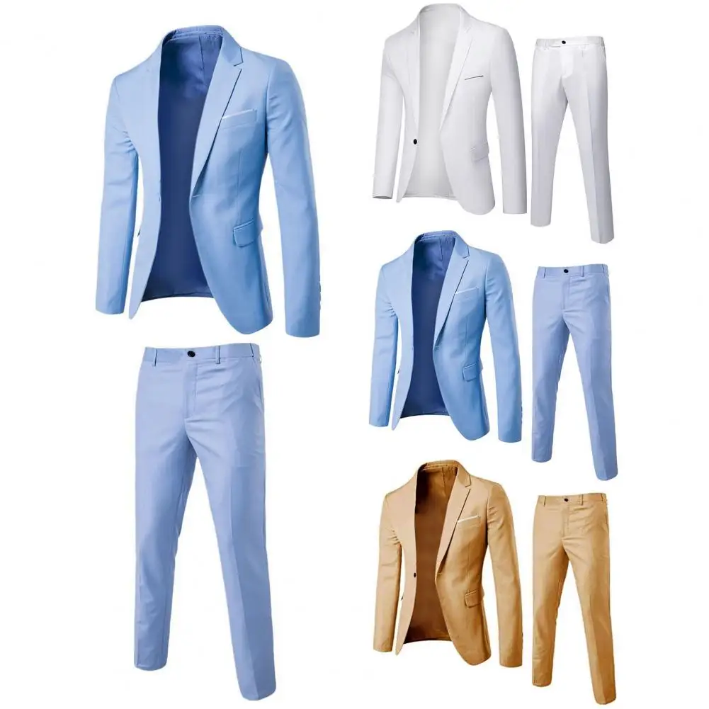 2Pcs/Set Groom Suit Pure Color Wedding Blazer Pant Set Slim Men Formal Business Dress Suit Long Sleeve Male Prom Suit for Banque