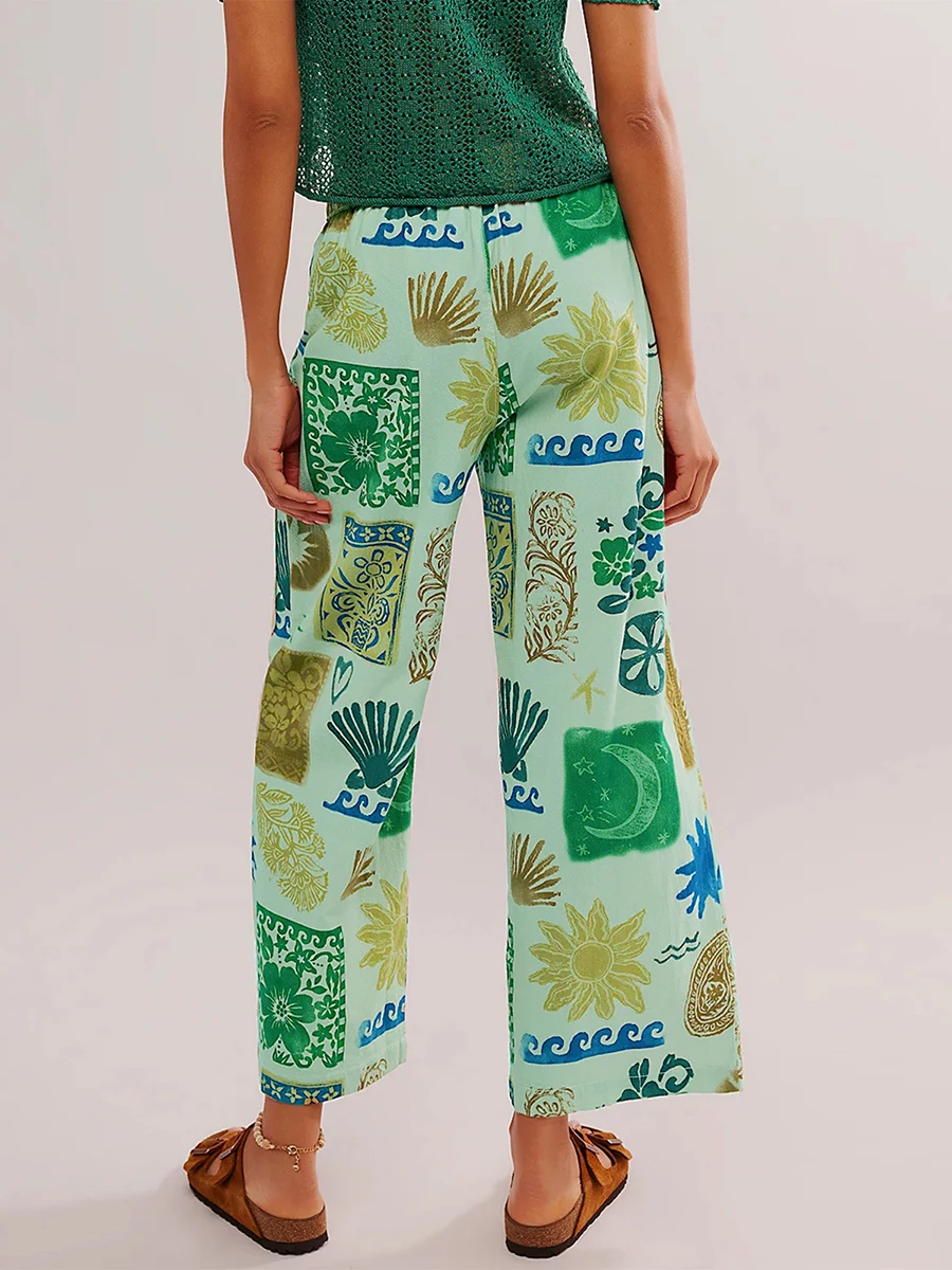 Women Y2k Floral Print Pants Straight Wide Leg Trousers Flare Baggy Denim Pants 90s Vintage Streetwear With Pockets