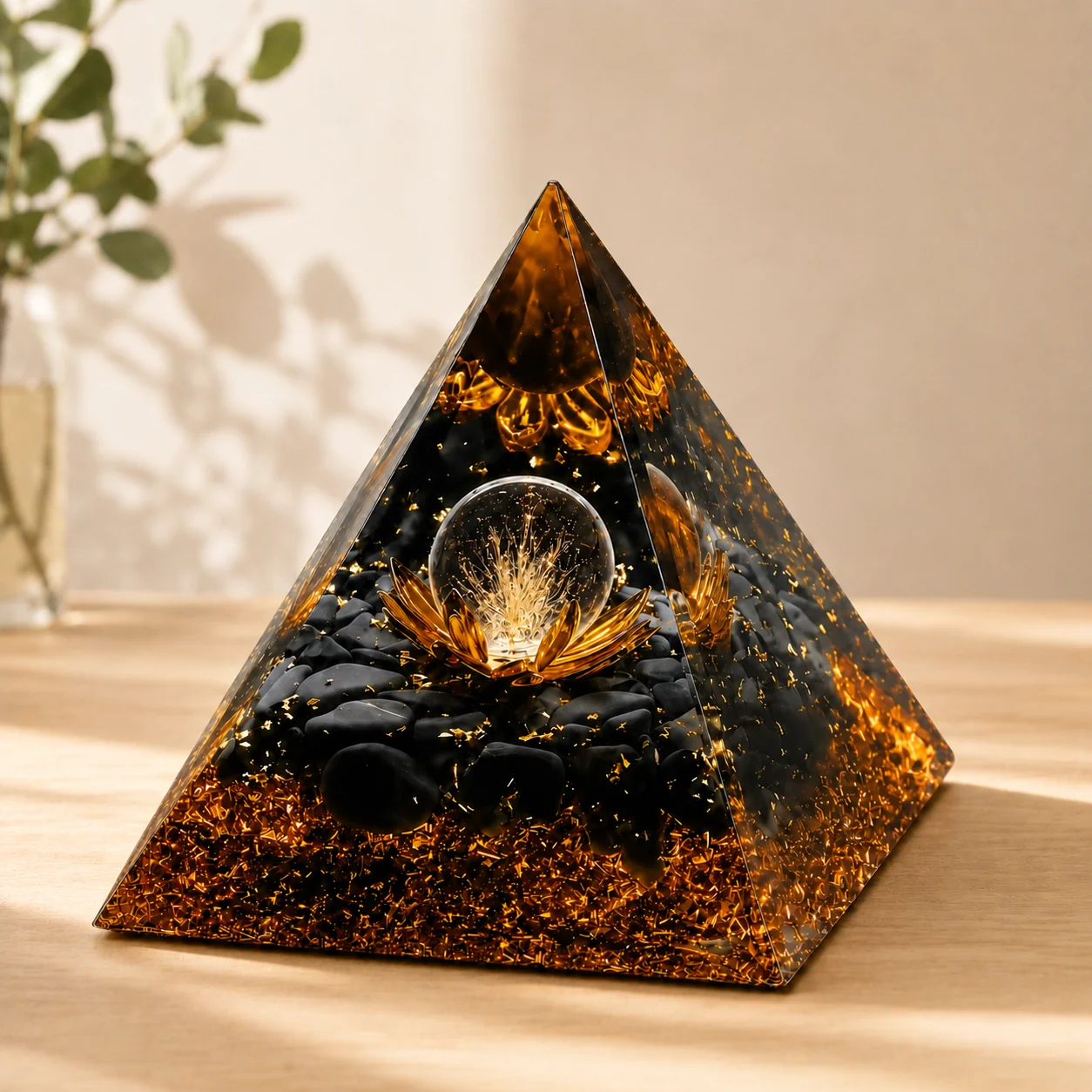Orgonite Pyramid White Rutilated Quartz Sphere Golden Lotus Obsidian Chakra Healing Meditation Home Desk Decor Resin Craft Gift