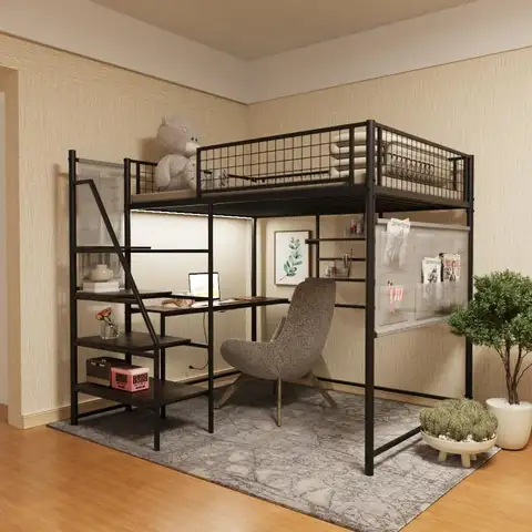 Full Size Metal Loft Bed with Stairs, Desk, and Charging Station for Small Rooms, Dorms, and Apartments, Black