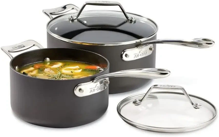 

All-Clad Essentials Hard Anodized Nonstick Sauce Pan Set 4 Piece, 2.5, 4 Quart Oven Broiler Safe 500F Pots and Pans,