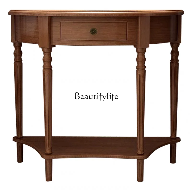 

American walnut entrance doorsemi-circular solid wood narrow cabinet entrance table against the