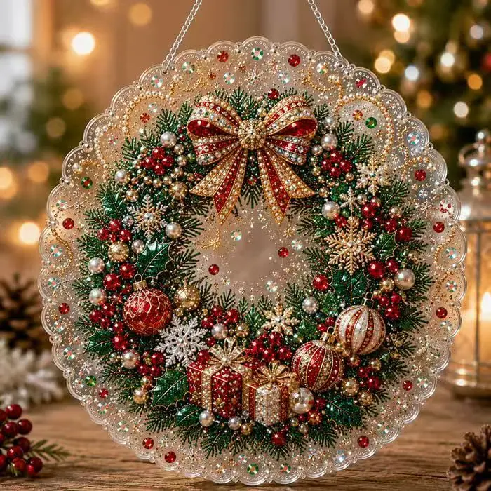 DIY Weihnachts-Perlen-Diamant-Malerei-Anhänger, runde Acrylplatte, 2D flache Perlen-Bastelarbeiten, Feiertags-Fenster- und Wanddekoration – Detail 11