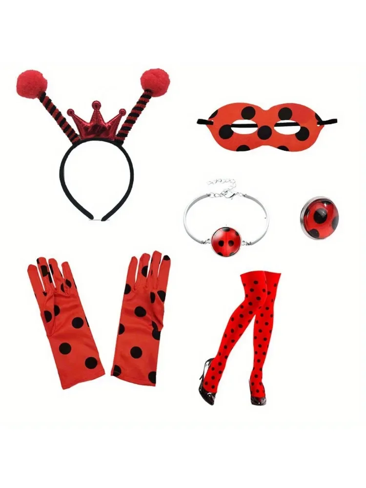 A Ladybug kit includes a ladybug costume with a headband with ladybug wings and a mask for Halloween costume cosplay