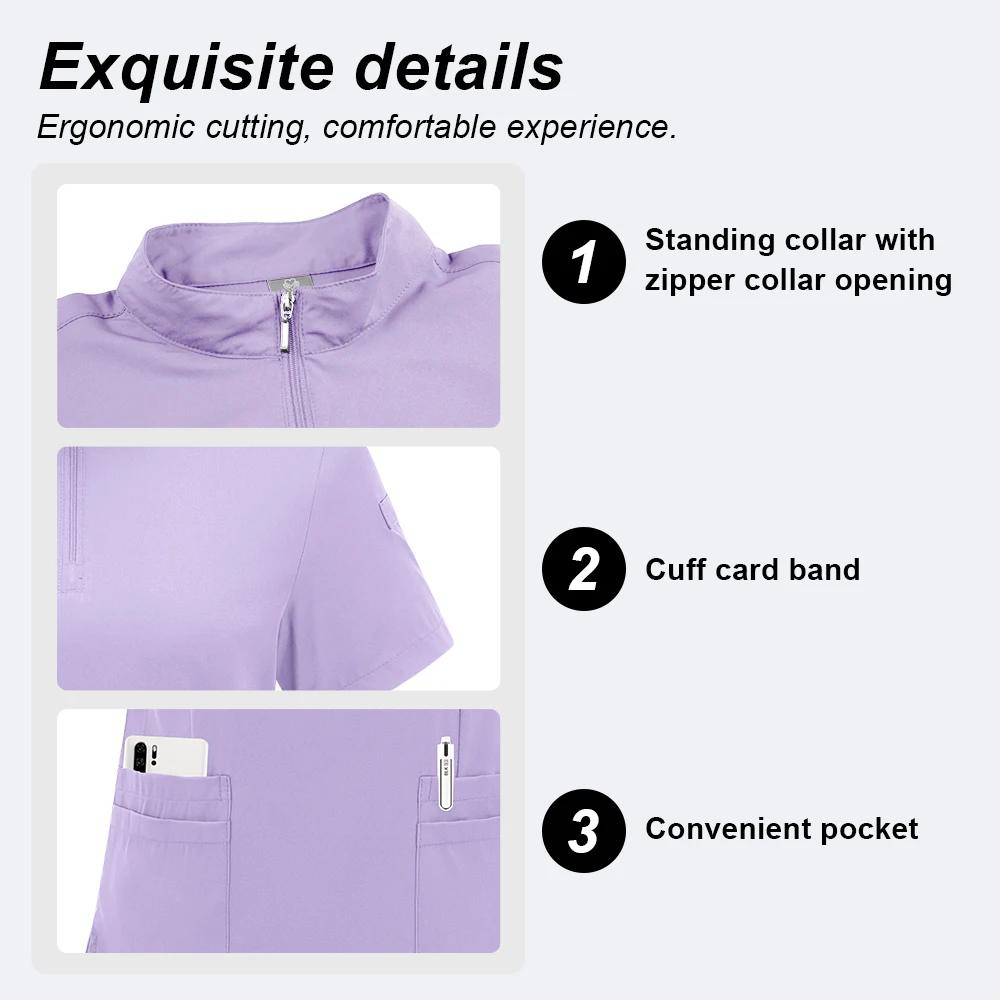 Uniformes médicaux unisexes, ensemble d'infirmière à col zippé, vêtements de travail pour médecin d'hôpital à manches courtes pour femmes, uniforme de travail pour chirurgie dentaire orale