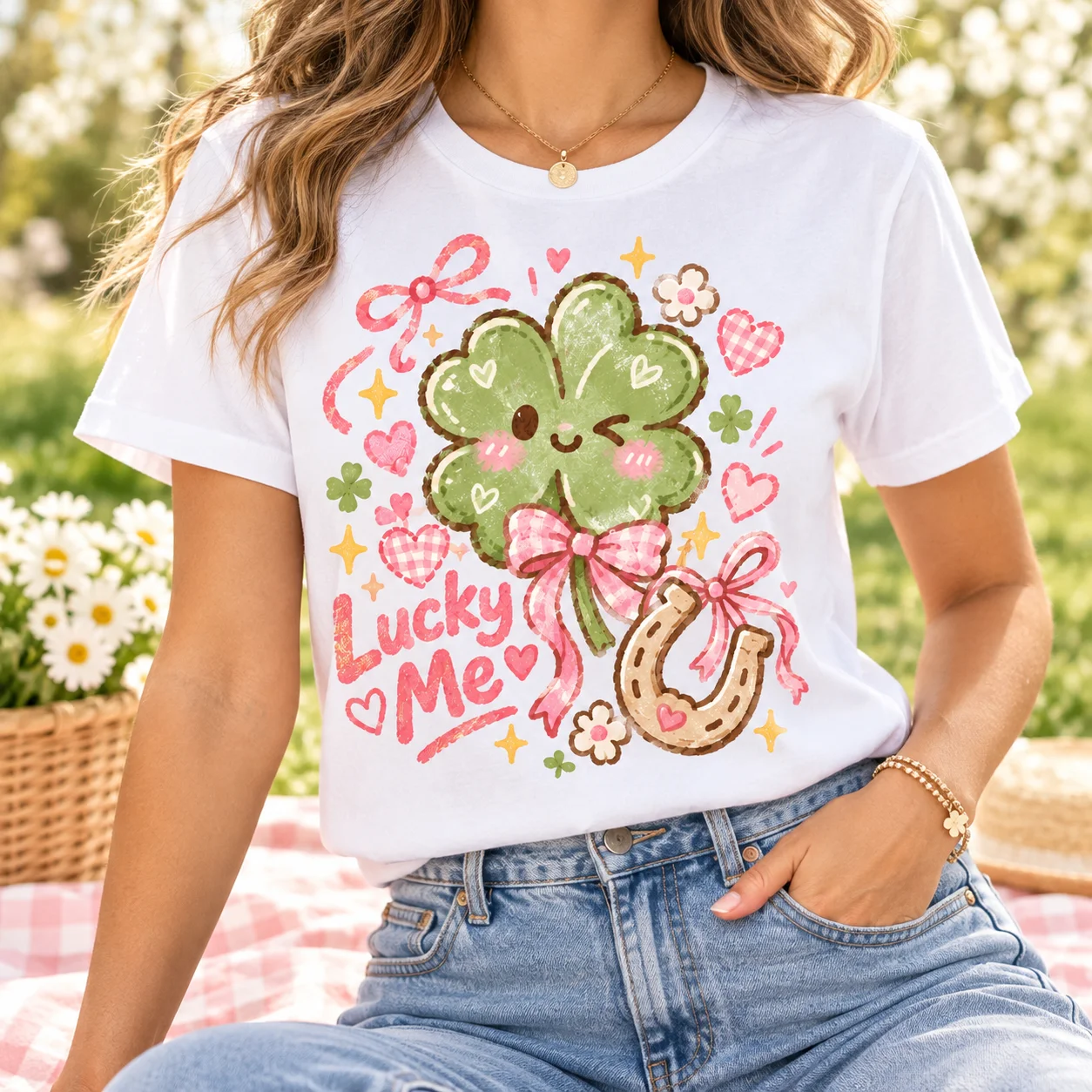 100% Heavyweight Cotton Women T-Shirt, Lucky Me Clover Print Y2K Oversized Tee, Breathable Casual Streetwear St Patricks Day