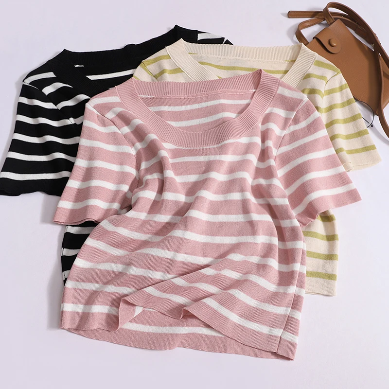 Women Casual New Contrast Color Striped T-shirt O-neck Slim Basic Short Sleeved Top Versatile Cotton Thin Loose Pullovers Summer