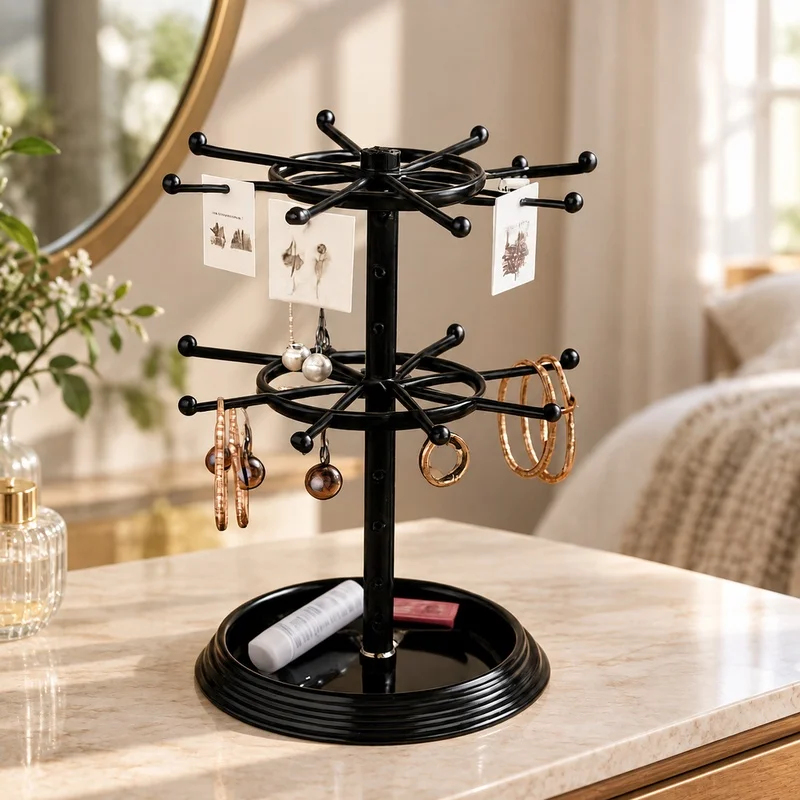 Rotating Jewelry Display Rack with Multiple Levels for Earrings, Necklaces, and Bracelets Storage