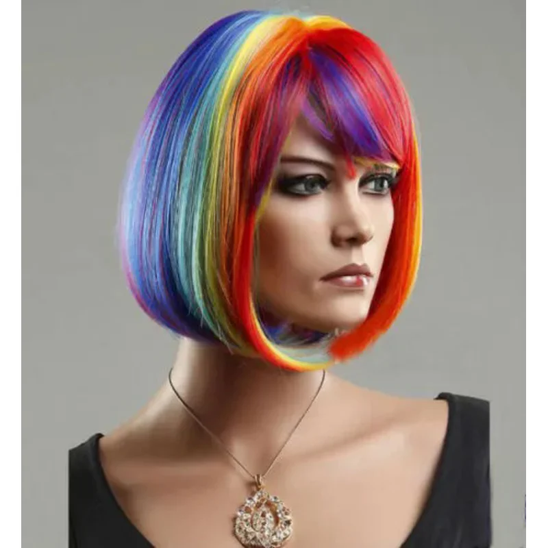 Fashion Women Rainbow Bob Straight Short Synthetic Hair Cosplay Party Full Wig