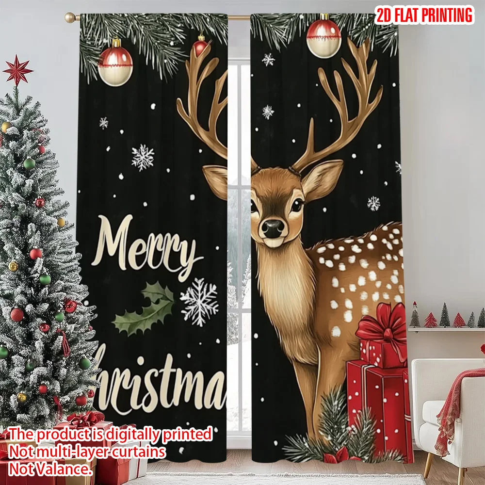 

2pcs 2D flat printing Christmas Curtain Merry Christmas Reindeer Polyester Without Electricity Holiday Decorations Perfect for