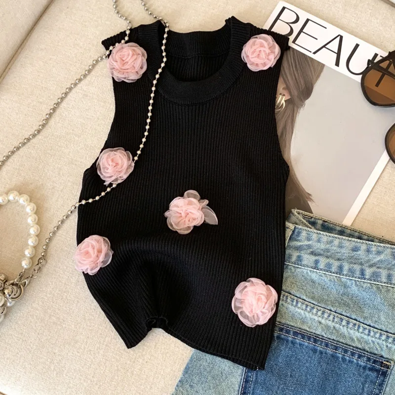 2024 summer Knitted T Shirt for Women 3D Flowers Vintage Sexy Ropa De Mujer y2k Fashion Short Tank Tops camisetas tees