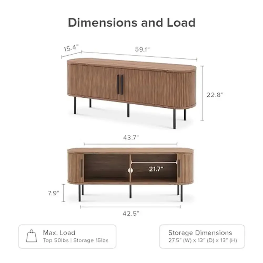 Fluted tambour TV stand media console metal legs slatted door cable management 59 inch mid century modern entertainment center