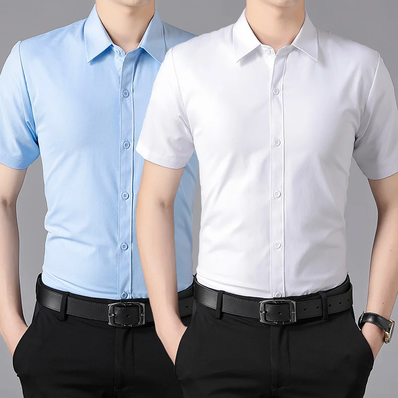 Men's Business Casual Shirt Short Sleeve Long Sleeve Slim Fit Pure Color High End Polyester Fiber Commute Wear Summer Shirt