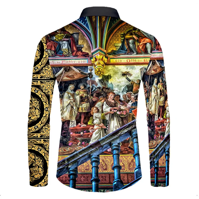 Athleisure High-end Luxury Gold Pattern 3D Printed Long Sleeve Button Down Shirt Men\'s Street Style Fashion Top Hip Hop Clothing