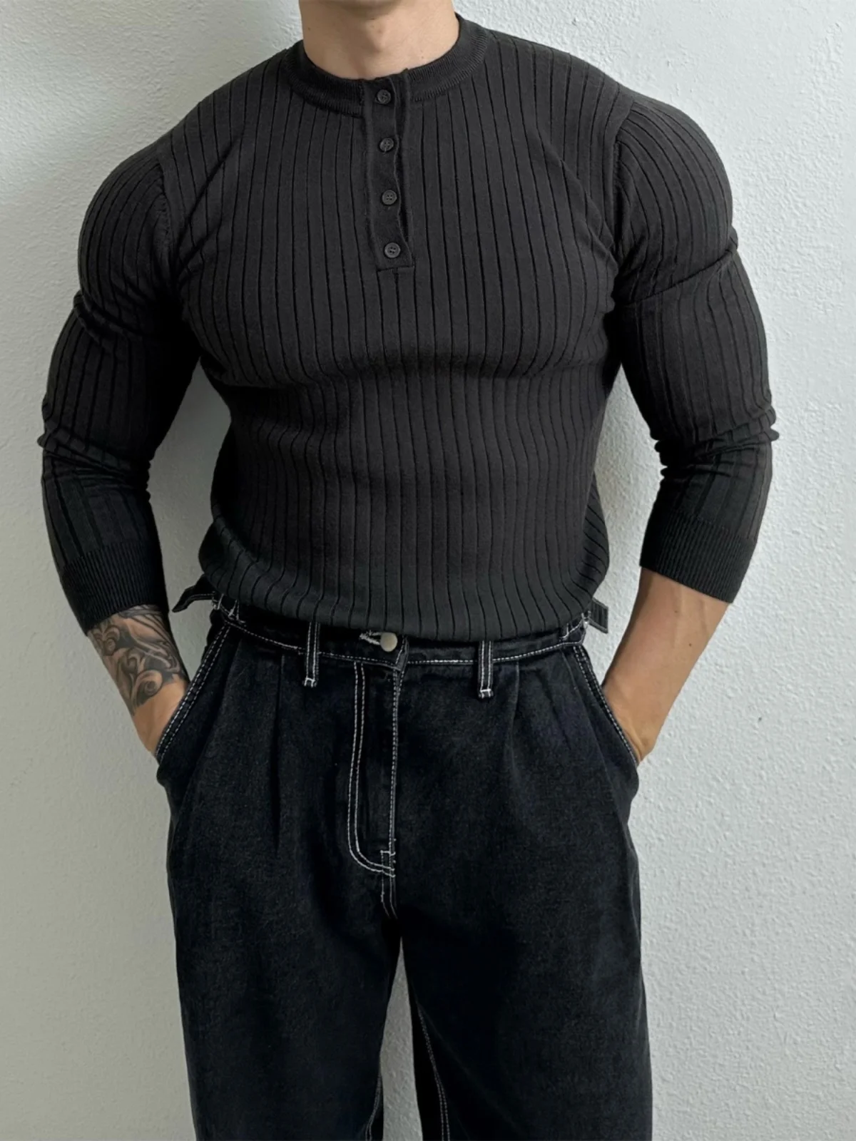 

Трикотажная футболка с воротником Генри, Лонг Све, мужская весенняя новая футболка Sle American High End Muscle Slim Fit, универсальная базовая футболка