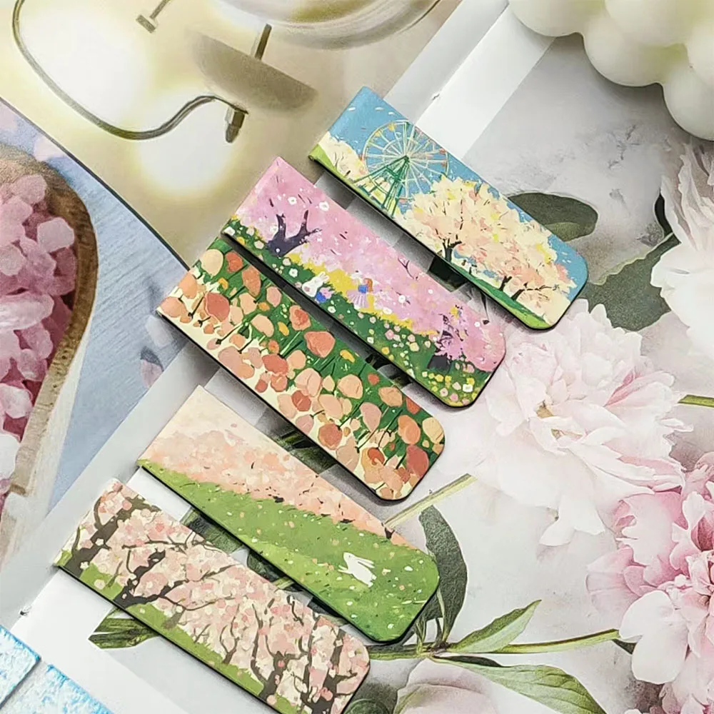 5PCS Spring Flowers Magnetic Bookmark Rural Style Graffiti Cards Reading Notes Label School Supplies Creative Gifts Reading Tool