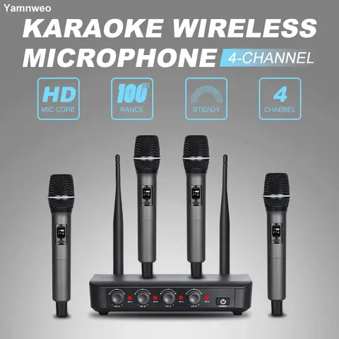 YAMNWEO LV-08 4-Channel UHF Wireless Microphone System, Equipped with 4 Handheld Dynamic Microphones, Independent Volume Control, DSP Intelligent Noise Reduction, Long-Distance Stable Signal Transmission, Ideal for Parties, Churches, Stage Performances &