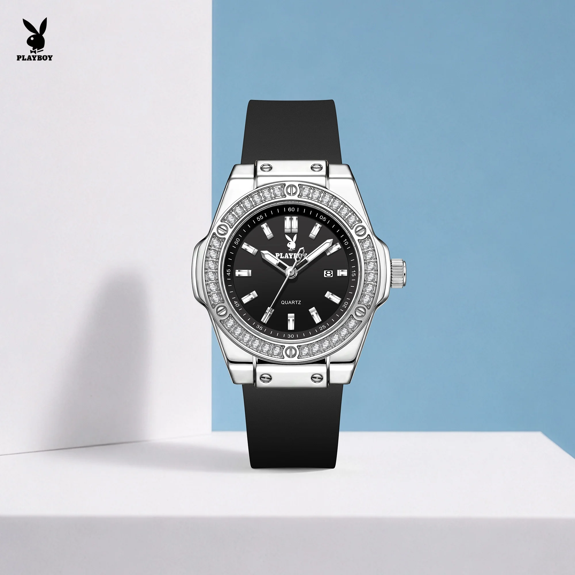 PLAYBOY 3147 Original Quartz Movement Watch Round Dial Silicone Strap HD Luminous Function 30m Waterproof Watch Women