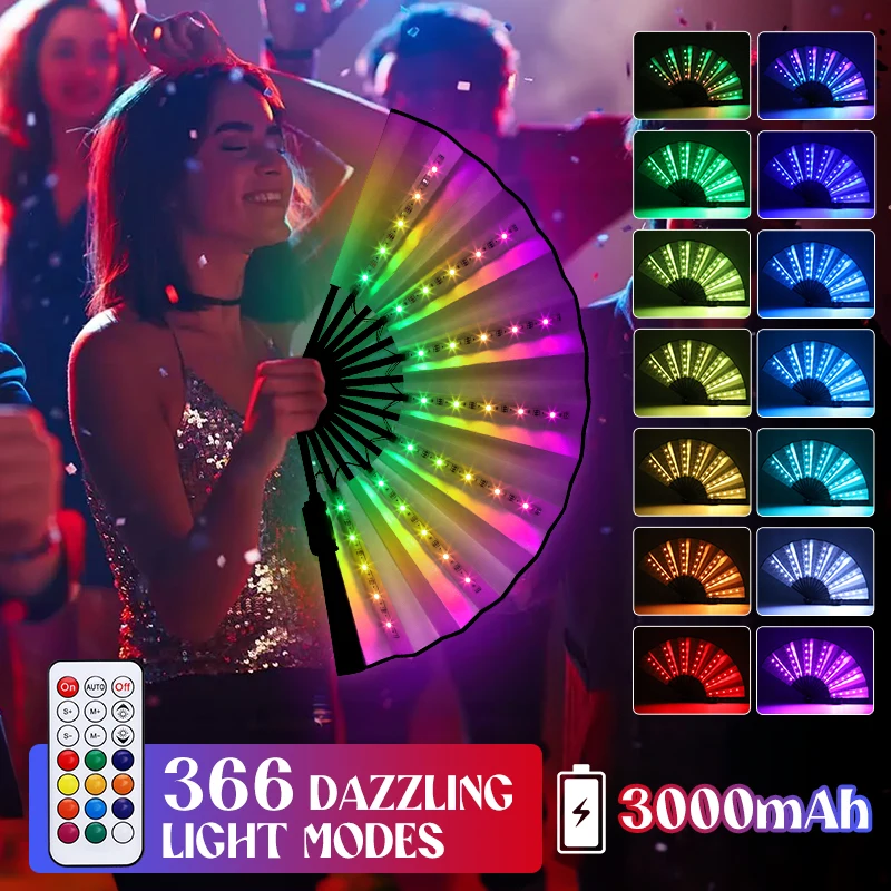 LED Glowing Folding Fan RGB Colorful Fan Night Light Show Dancing Glow Prop Festival Accessories Glow In The Dark Party Supplies