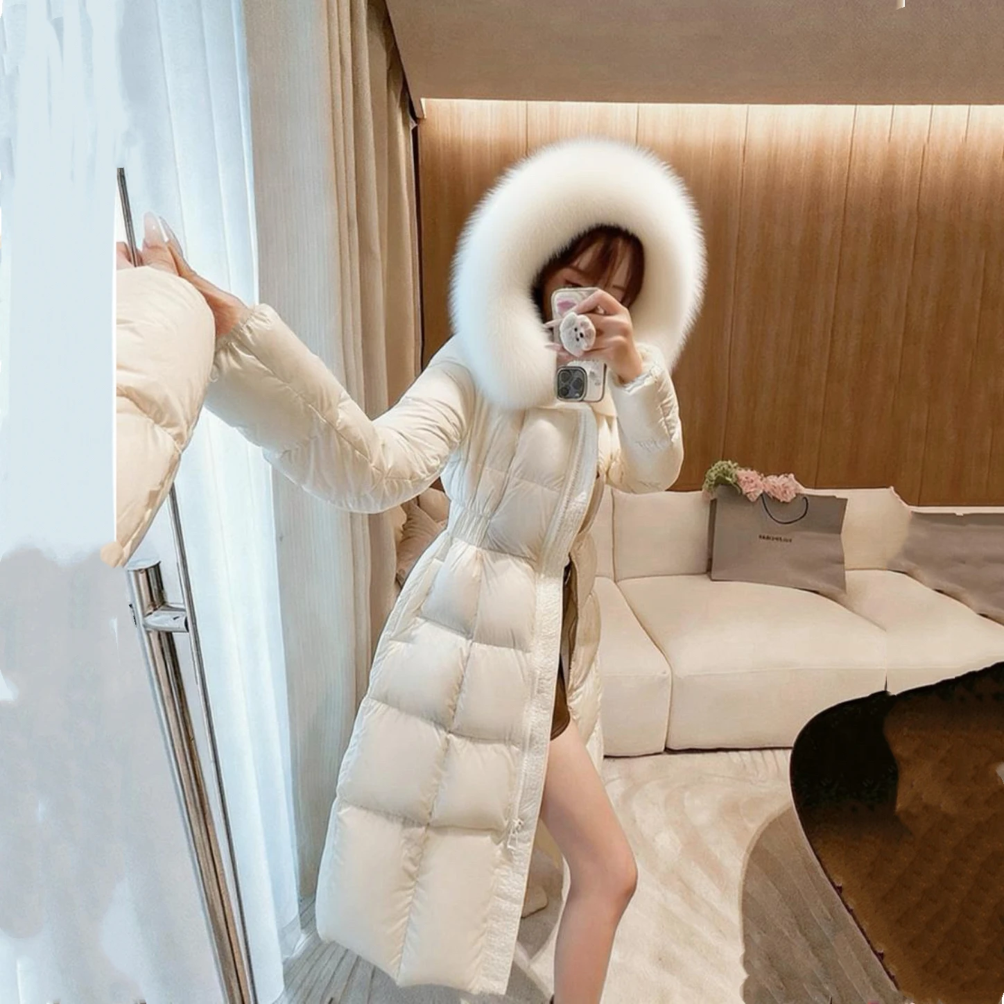 

Women's Long Cotton Jaet Thi Warm Waist-Cinching Design Winter Coat with Large Fur Collar Slimming Sli Outerwear