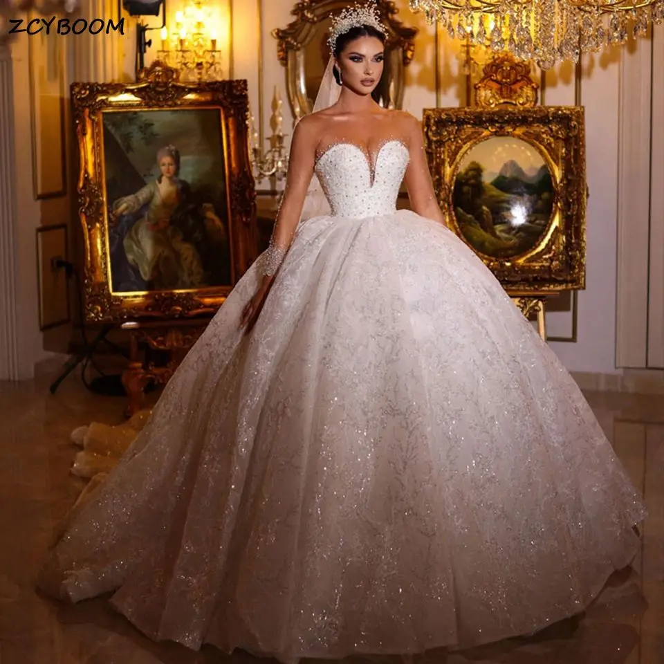 

Exquisite Ball Gown Sparkly Beading Sheer Neck Wedding Dresses 2023 Princess Illusion Long Sleeves Bride Gowns Vestidos De Noiva