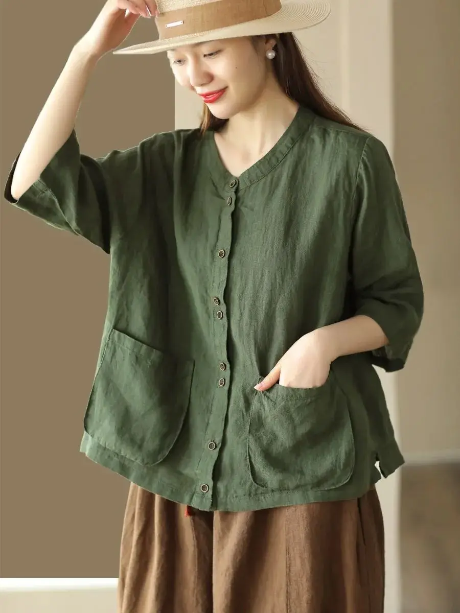 Shirts Women Round Collar Cotton Linen Loose Three Quarter Sleeve Chinese Style Vintage Temperament Solid Simple Leisure Summer