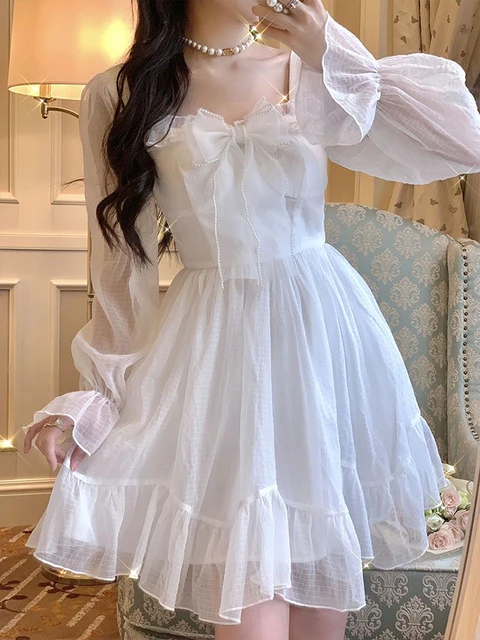 Spring White Sweet Dress Women Long Sleeve Square Collar Ruffles Princess Dress  Korean Fashion Kawaii Fairy